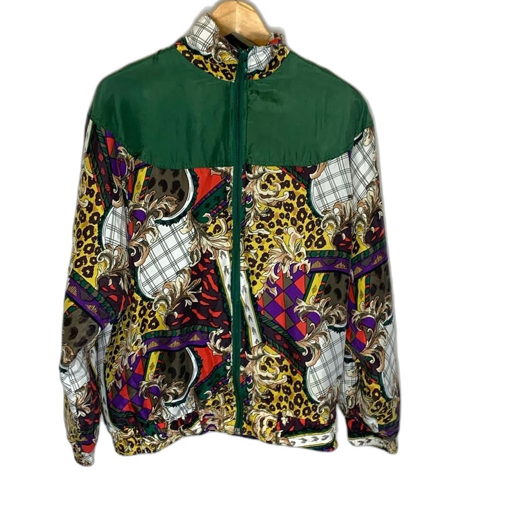 Vintage 80s Marcella Green Animal Scroll Print Washable Silk Track Jacket Size M